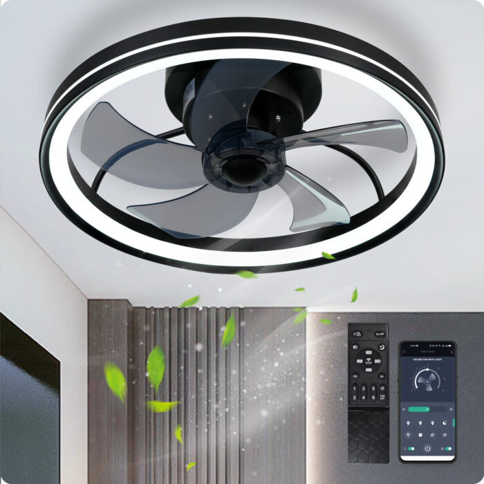 YeetFerret Black Ceiling Fans with Light, 19" Flush Mount Ceiling Fan 3 Color LED 6 Speeds