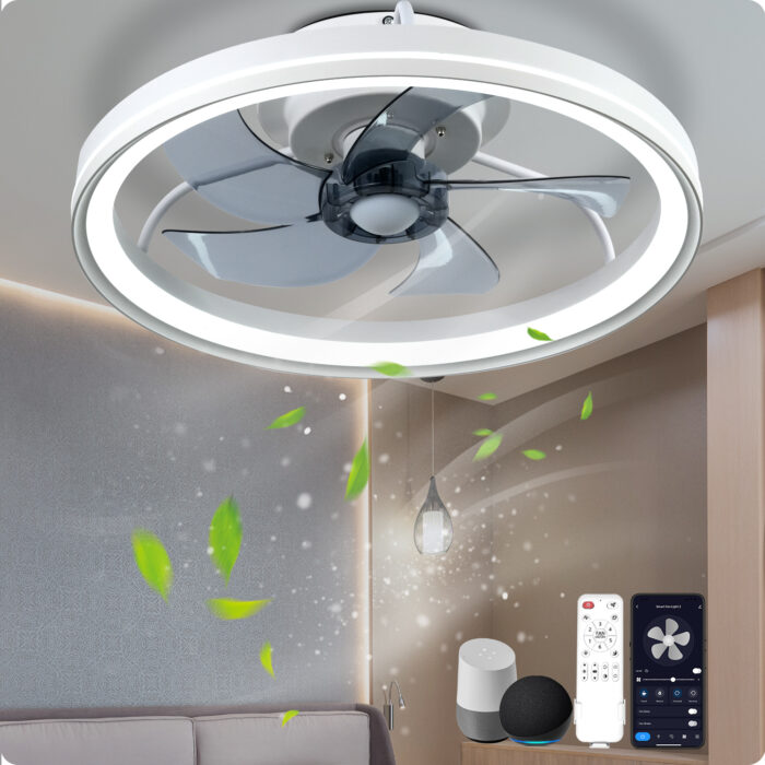 YeetFerret WiFi Low Profile Ceiling Fan With Light,White Bladeless Ceiling Fan Compatible with Alexa