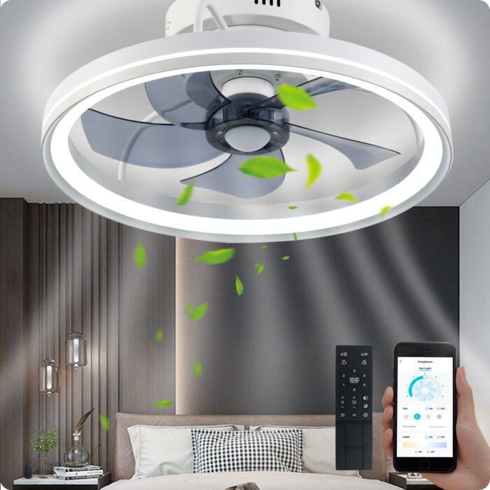 YeetFerret Bladeless Ceiling Fan with Light, 19in White Low Profile Ceiling Fan Remote/APP Control